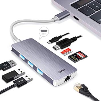 USB C Hub, EKSA 8 in 1 Type C Adapter with 4K HDMI, Gigabit Ethernet, 100W USB C Power Delivery, 3 USB3.0, SD TF Card Reader for MacBook Pro 13" 15" 2018/2017 Chromebook DELL XP Windows