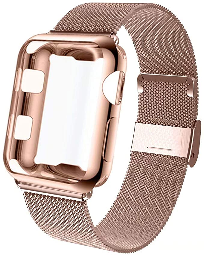 GBPOOT Compatible for Apple Watch Band 38mm 40mm 42mm 44mm with Screen Protector Case, Sports Wristband Strap Replacement Band with Protective Case for Iwatch Series 6/SE/5/4/3/2/1,44mm,Pink Gold