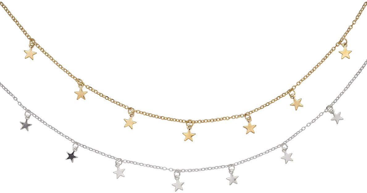 XLSFPY 2Pcs Star Choker Necklace Set Dainty Gold and Silver Star Tassel Chain Pendant Statement Necklace Collar for Women Girls