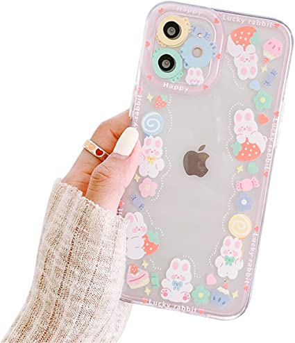 Ownest Compatible with iPhone 11 Case Clear Cute Rabbit Bear Sweet Strawberry Pattern Design for Women Girls Fashion Slim Soft Flexible TPU Rubber for iPhone 11-Pink