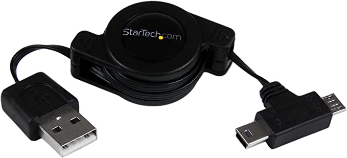 StarTech.com 2.5 ft Retractable USB Combo Cable – USB to Micro USB and Mini USB M/M - 2 in 1 USB to Mini & Micro USB - Data & Charge Cable (USBRETAUBMB)