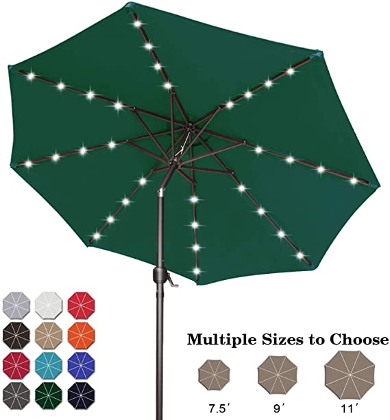 ABCCANOPY 7.5FT Patio Umbrella Ourdoor Solar Umbrella LED Umbrellas with 32LED Lights, Tilt and Crank Table Umbrellas for Garden, Deck, Backyard and Pool,12 Colors, (Forest Green)