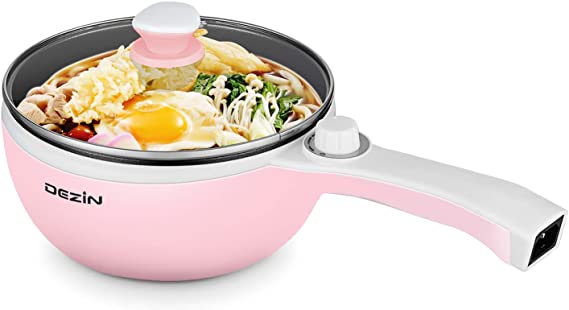 Dezin Electric Skillet, Non-Stick Frying Pan, Mini Rapid Electric Hot Pot with Glass Lid for Stir Fry, Roast, Steam with Temperature Control, Perfect for Ramen, Steak, Pink (Egg Rack Included)