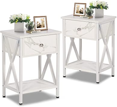 VECELO Night Stands for Bedroom Rustic Nightstand Bedside End Tables with Drawer Storage, (Set of 2), Pearl White