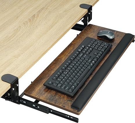 TOPSKY Adjustable Under-Desk Keyboard Tray, 26.8”x11” Pull Out Keyboard and Mouse Tray with Tilted Mechanism and C Clamp for Home and Office (Rustic Brown)