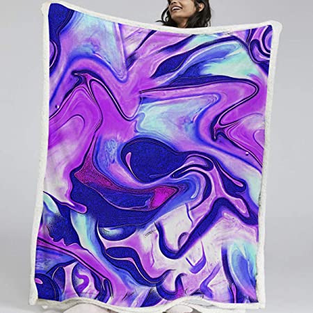 BlessLiving Modern Blanket, Watercolor Abstract Pattern, Twin, 60 x 80 Inches, Blue and Purple, Sherpa Plush Fleece Throw Blanket for Couch, Sofa, Bed, Couch, Office Lap