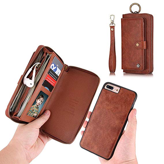 iPhone 7 Plus Wallet Case - JAZ Zipper Purse Detachable Magnetic14 Card Slots Card Slots Money Pocket Clutch Leather Wallet Case for iPhone 8 Plus/7 Plus Brown