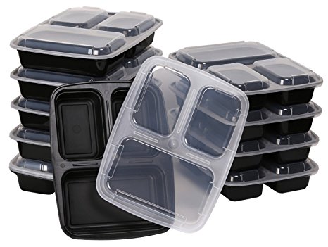 Green Direct Microwave Safe 3-compartment Food Containers with Lids/divided Plate/bento Box/lunch Tray with Cover, Black Bottem with Clear Cover Pack of 20