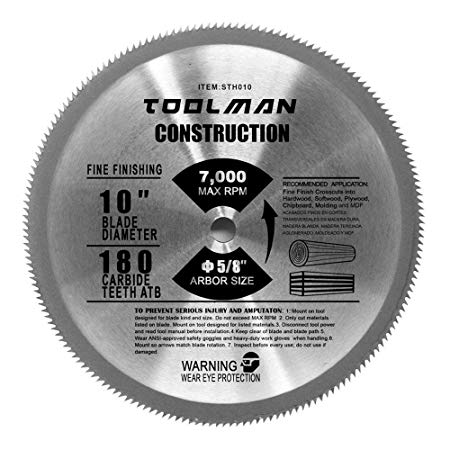 Toolman Circular Saw Blade Universal Fit 10" 5/8" 180T For Wood Lumber works with DeWalt Makita Ryobi