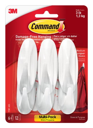 Command 17081VP-6ES Designer Hooks, Medium, White, 6-Hooks