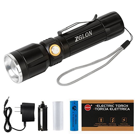 Zglon Tactical Flashlights Rechargeable Super Bright Torch Adjustable Zoomable LED Flashlight with 18650 Rechargeable Battery and 5 Light Modes for Hunting, Cycling, Camping, Emergency