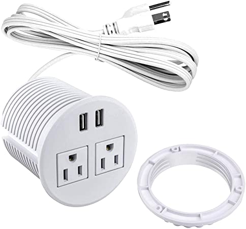 Power Grommet with USB for Desk, Desktop Power Data Outlet with 2 AC Outlets and 2 USB Ports 6'ft Heavy Duty Power Cord (White)