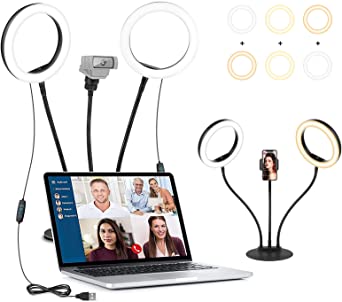 8" Dual Selfie Ring Light with Stand, LED Desktop Ring Light for Computer & Laptop Video Conference Recording, Webcam Stand with Phone Holder for Photography,Zoom Meeting, Video Call, Makeup,Live Stream
