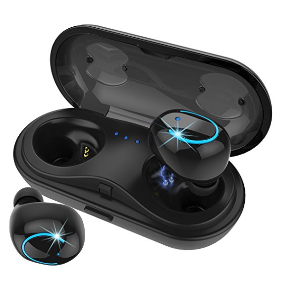 True Wireless Earbuds, Kissral TWS Stereo Bluetooth Headphones with Built-in HD Mic and Charging Case for iPhone and Android - Black