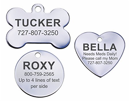Stainless Steel Pet ID Tags - Bone, Heart, or Round - Small or Large