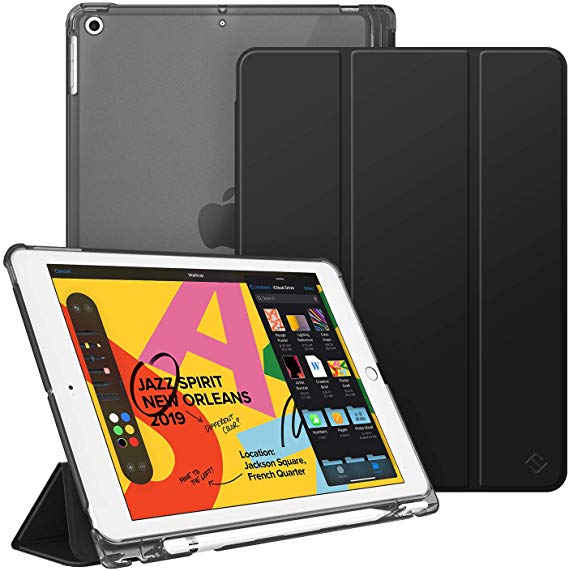 Fintie Case with Pencil Holder for iPad 7th Generation 10.2 Inch 2019 - Slim Shell Lightweight Cover with Translucent Frosted Stand Hard Back, Supports Auto Wake/Sleep for iPad 10.2", Black