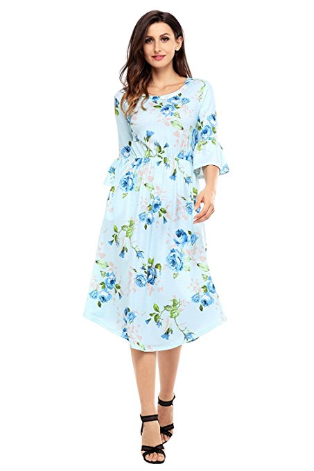Annflat Women's Summer Floral Print Bell Sleeve Casual Midi Dress S-XXL