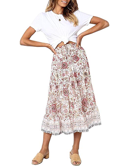 MEROKEETY Women's Boho Floral Print Elastic High Waist Pleated A Line Midi Skirt with Pockets