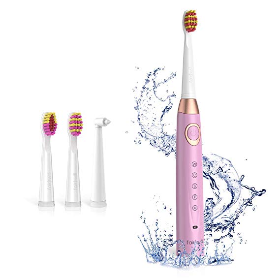 Sonic Toothbrush Fairywill Electric Toothbrush Charged 4 Hours at Least 30 Days Use, Toothbrush with 5 Modes Achieves Sonic Cleaning, with 2 Mins Timer and 4 Replacement Heads for Adults(FW-508 Pink)