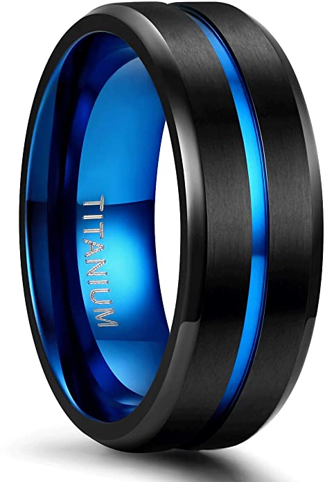 Tigrade Titanium Ring 6mm 8mm 10mm Blue Centre Groove Wedding Band Comfort Fit Matte for Men Women