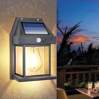 ComSaf Solar Wall Lights Outdoor, Wireless Dusk to Dawn Porch Lights Fixture, Solar Lantern with 3 Modes & Motion Sensor, Waterproof Exterior Lighting with Clear Panel for Entryway, Front Door (1 Pc)