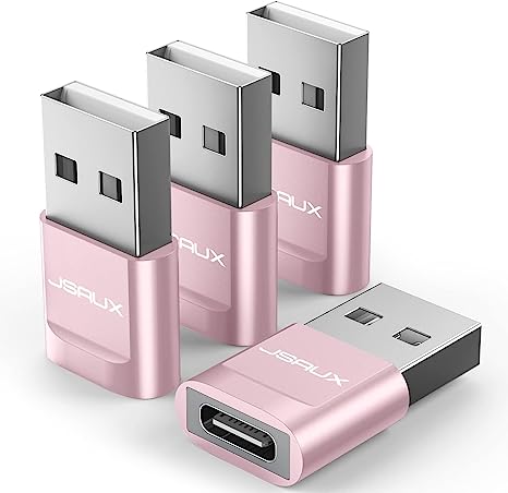 USB-C Female to USB-A Male Adapter 4-Pack, JSAUX Type C to USB Charger Cable Adapter Compatible with iPhone 13/12 Mini/Pro/Pro Max, Samsung Galaxy Note 10/20, S20/S21, Apple Watch Series 7 -Pink