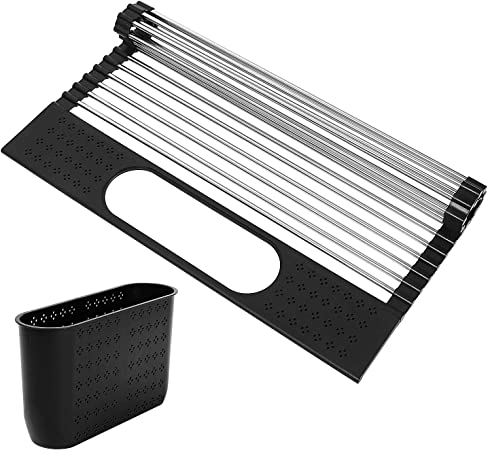 Roll Up Dish Drying Rack, Ohuhu Over The Sink Drying Rack with Utensil Holder, 17.3" L x 15.6" W Kitchen Sink Organizer, Dish Racks Dish Drainer Rolling Heat-Resistant for Kitchen Counter