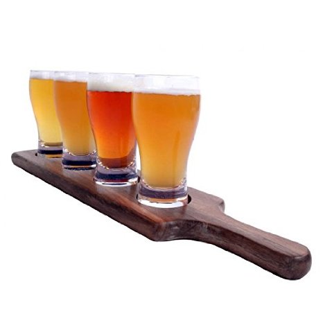 The Beer Tasting Flight Tray by Alcraft Designed & Engineered For Professional Bars, Brewpubs and Breweries Includes 17" Paddle And Four 6 Ounce Mini Glasses