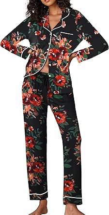 Ekouaer Pajamas Women's Long Sleeve Sleepwear Soft Button Down Loungewear Pjs Lounge Set Nightwear XS-XXL