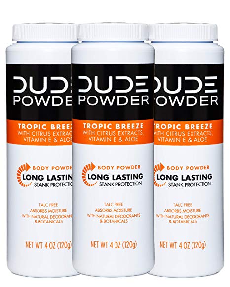 DUDE Body Powder, Tropic Breeze 4 Ounce (3 Bottle Pack) Natural Deodorizers With Citrus Extracts & Aloe, Talc Free Formula, Corn-Starch Based Daily Post-Shower Deodorizing Powder for Men