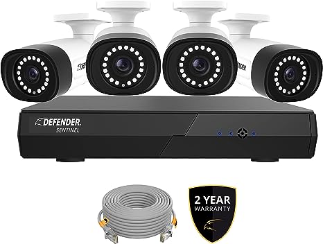 Defender Cameras 4K Ultra HD Wired PoE Home Security Camera System - Outdoor Surveillance with Color Night Vision, Smart Human Detection, Spotlight, Mobile App and 1TB 4Ch NVR - Set of 4 Metal Cameras