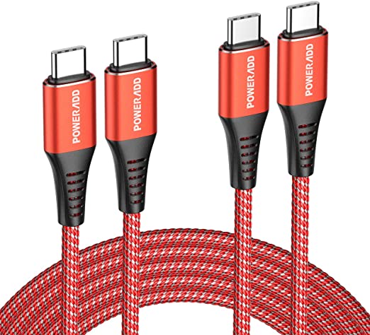 (2-Pack) Poweradd USB Type-C to USB Type-C Cable for Power Delivery, Nylon Braided 3A Fast Charge Data Cable, Universal Compatible for Samsung, Huawei, Pixel, MacBook Pro, Nintendo Switch and More, Red, 3 Feet