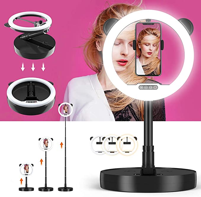 Zecti 10 inch Ring Light with Stand and Phone Holder, LED Selfie Light Ring with Dimmable 3 Color Modes and 10 Brightness for Live Stream Makeup Photography Compatible with iPhone Xs Android-Black