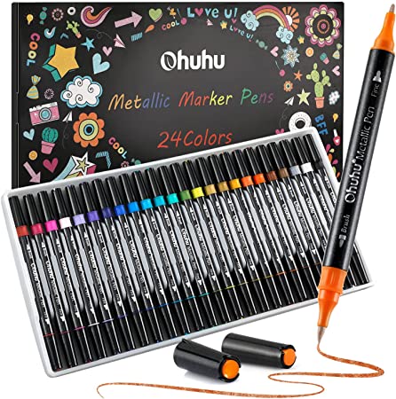 Ohuhu Dual Tip Metallic Markers Pen: 24 Colors Brush & Fine Metallic Paint Pens For Cards Writing Painting Coloring Calligraphy Glitter Marker For DIY Album Scrapbook Wood Glass Back to School