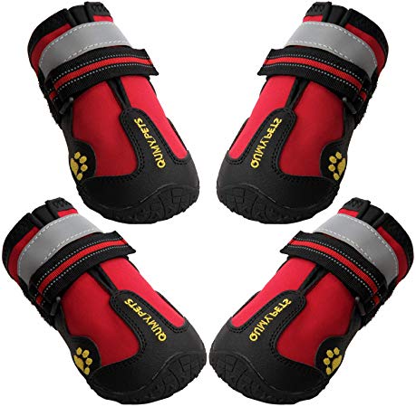 QUMY Dog Boots Waterproof Shoes for Dogs with Reflective Velcro Rugged Anti-Slip Sole Black 4PCS