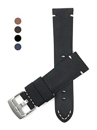20mm to 24mm, Vintage Watch Band Strap, Genuine Leather, Black, Brown, Tan & Blue, White Stitch, Stainless Buckle