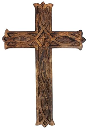 The StoreKing Wooden Wall Cross Plaque 12" Long Hanging with Hand Carvings Religious Altar Home Living Room Decor