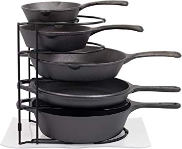 Anti-Slip Heavy Duty Pot Pan Rack Organizer Holder with Drip Mat, Great for Cast Iron Skillet, Pans, Pots, Lids, Kitchen Counter and Cabinet Storage Organization, Durable Steel,No Assembly Required