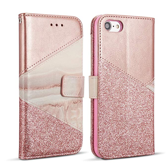 iPhone 6 Plus 6S Plus 5.5 inch Case,Premium Bling Glitter [Magnetic Closure] PU Leather [Ceramic Pattern] Flip Wallet Stand Function Folio Inner Soft TPU Case with [Card Slots] Case Cover for Apple iPhone 6 Plus/6S Plus [5.5 inch] - Rose Gold