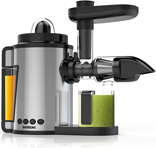 DORINI 2in1 Masticating Juicer & Citrus Juicer Slow Juicer Cold Press Juicer with Brush Juicer Machine Extractor Easy to Clean BPA-FREE Quiet Motor & Reverse Function, SILVER