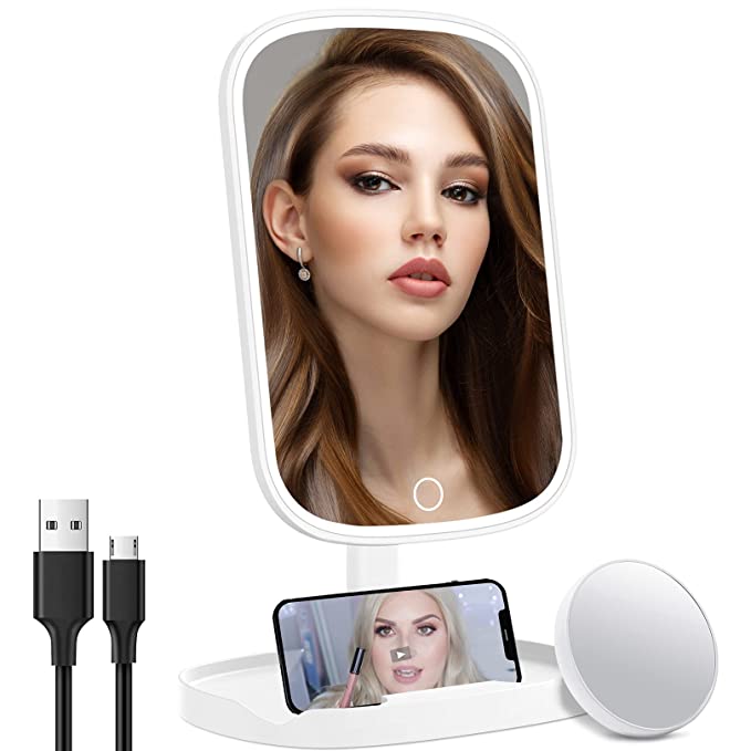 Rechargeable Lighted Makeup Vanity Mirror with Phone Holder, Portable Light Up Beauty Mirror with 10X Magnificaiton, 3 Color Lighting, Touch Screen Dimmable, Tabletop Cosmetic Mirror