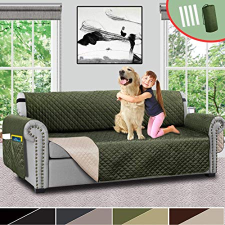 Vailge Reversible Sofa Cover, Sofa Covers for 3 Cushion Couch, Couch Covers for Dogs, Couch Cover for Living Room, Couch Slipcover, Sofa Protector with Straps,Pockets(Sofa:Bottle Green/Beige)