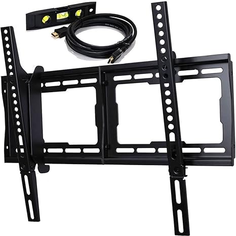 E-OnSale Universal Mounts Flush Tilt Dual Hook (1.3" from wall) Flat Screen TV Wall Mount Bracket for 32-65 inch Plasma, LED, and LCD TVs Up To VESA 700x400 and 165lbs, Including 10' Braided High Speed HDMI Cable and Magnetic Bubble Level TV Mount T65