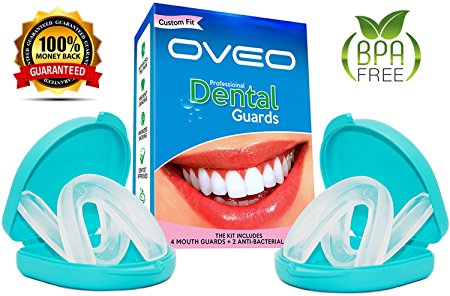 OVEO Bite Guard to Stop Teeth Grinding, TMJ, Bruxism, Clenching - Night Mouth Guard for Grinding Teeth – Pack of 4 Dental Protectors and 2 Anti-Bacterial Cases