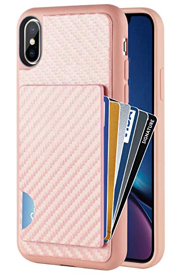 iPhone Xs Wallet Case, iPhone X Card Holder Case, ZVEdeng Protective iPhone Xs Credit Card Grip Cover with Carbon Fiber Money Pocket Slim Wallet Card Case for Apple iPhone Xs/X 5.8'' Rose Gold
