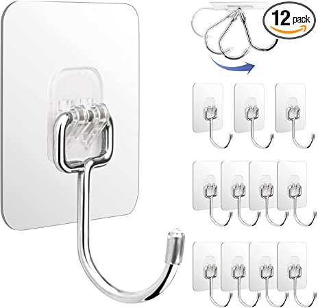 Large Adhesive Hooks 12 Packs, EAONE Heavy Duty Wall Hooks for Hanging Rustproof & Waterproof Wall Hangers Without Nails Sticky Hooks with Silicone Cap for Coat/Towel/Key Bathroom Kitchen