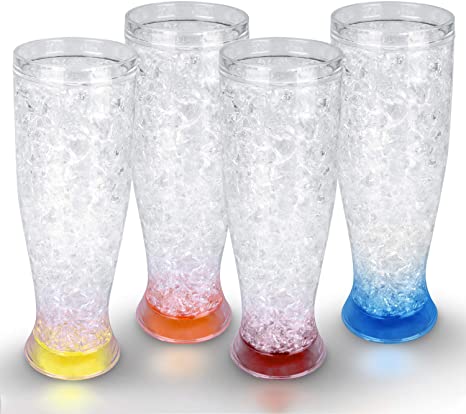 Double Wall Gel Frosty Freezer Ice Mugs, Set of 4 Frosty Beer Mugs, Drinking Cups, Great as Fashion Drinking Glasses at BBQs and Parties (16 oz. Each)