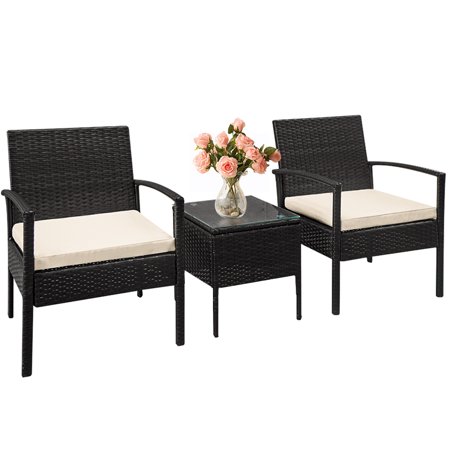 FDW Outdoor Wicker Patio Furniture Sets 3 Pieces Patio Set Bistro Set Rattan Chair Conversation Sets with Table Garden Porch Furniture Sets for Yard and Bistro,Black