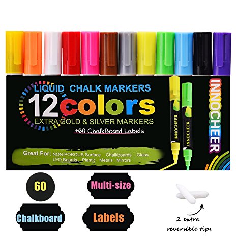 Innocheer Chalk Markers 12 Pack(Gold & Silver included) with 60 Pcs of Multi-Size Chalkboard Labels, Reversible Tips - Non-Toxic, Odorless, Erasable