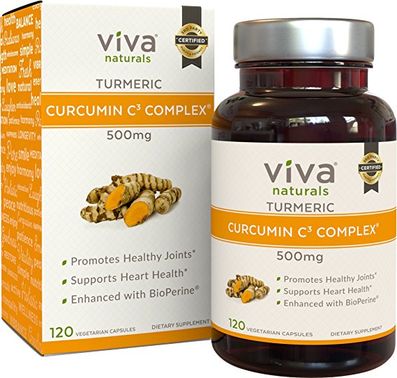 Viva Naturals Non-GMO Turmeric Curcumin C3®, 500 mg, 120 Vegetarian Capsules, Includes BioPerine® to be 2,000% More Bioavailable